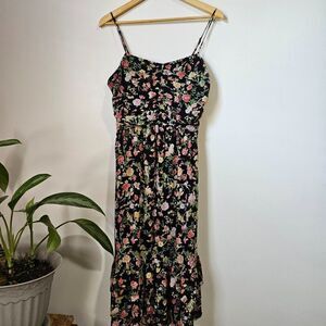 EUC FOREVER 21 FLORAL SPAGHETTI STRAP MIDI DRESS RUCHED RUFFLED SIZE LARGE